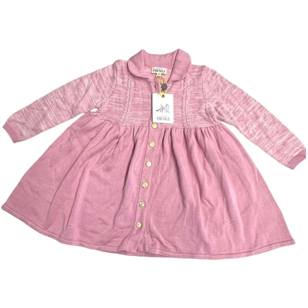 New Finding Foxtale Girls‎ Pink Heathered  Viscose Cotton Button Knit Dress 6